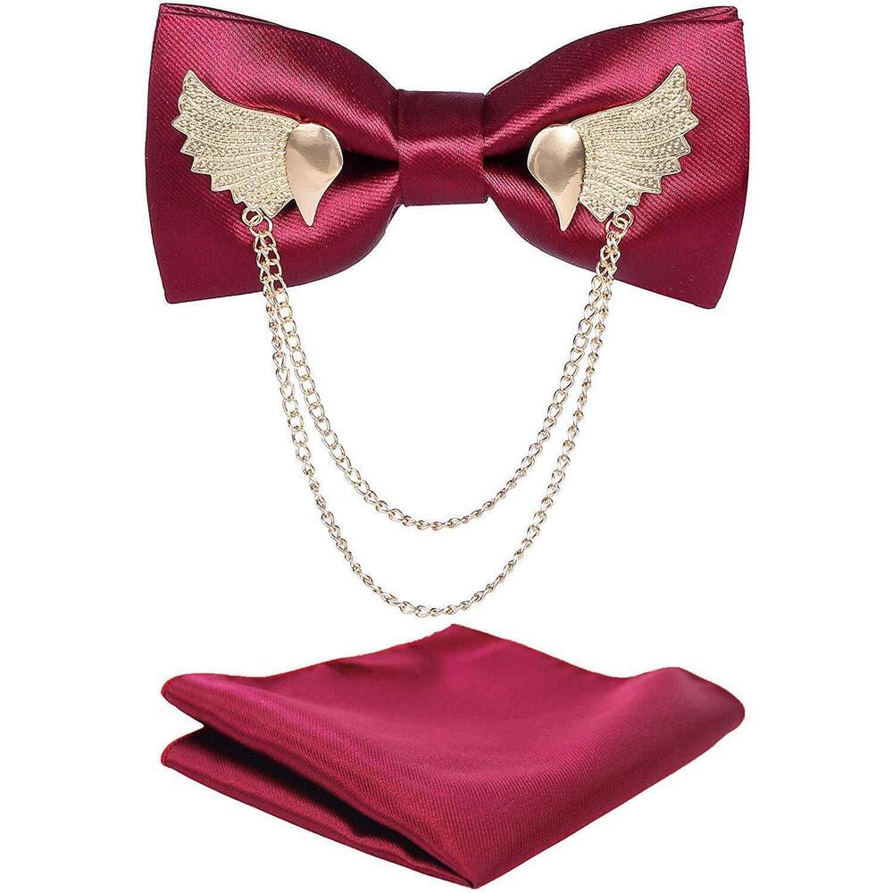 6368 Solid Bow Tie Metal Golden Wing Bowties Hanky Set Tuxedo Banquet Neck